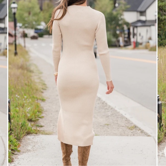 TAUPE SPLIT LEG MOCK NECK MIDI DRESS - Picture 4 of 4